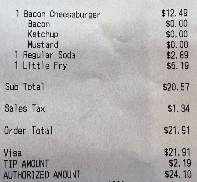 The receipt showed just how much the burger, fries, and soda cost. Credit: X/@WallStreetSilv/Reddit