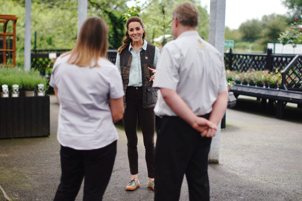 Princess Catherine talking to Martin and Jennie Turner, owners of the Fakenham Garden Centre in Norfolk on June 18, 2020 in Fakenham, United Kingdom | Source: Getty Images