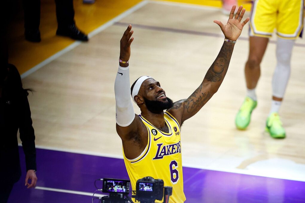 LeBron James reacts after scoring to surpass Kareem Abdul-Jabbar's career total of 38,387 points, becoming the NBA's all-time leading scorer on February 7, 2023 in Los Angeles, California | Source: Getty Images