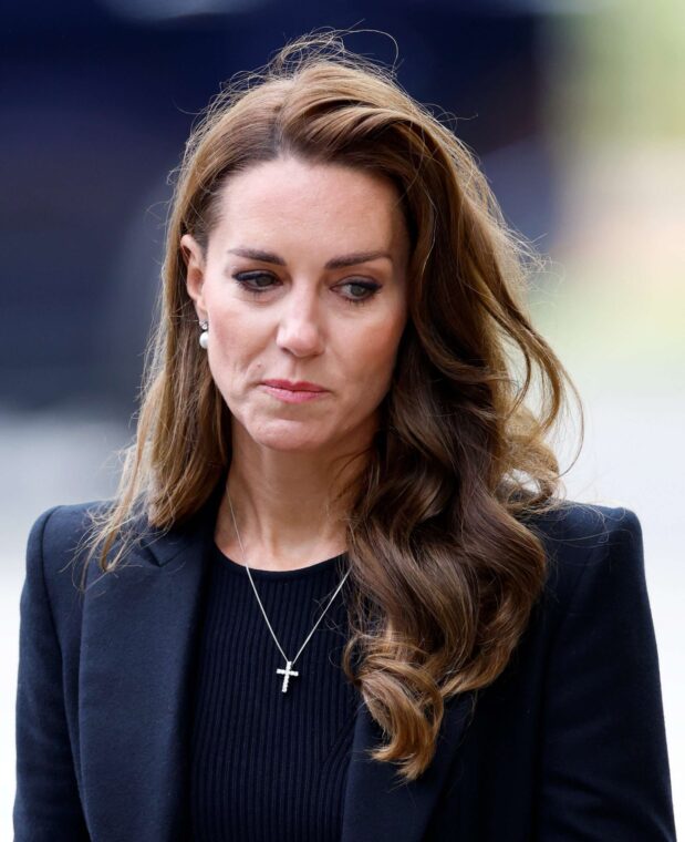 Kate Middleton viewing floral tributes at the entrance to Sandringham House on September 15, 2022 in Sandringham, England. | Source: Getty Images