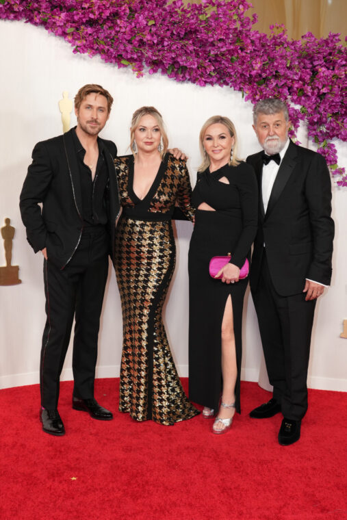 Ryan Gosling, Mandi Gosling, Donna Gosling, and Valerio Attanasio at the Oscars in 2024 | Source: Getty Images