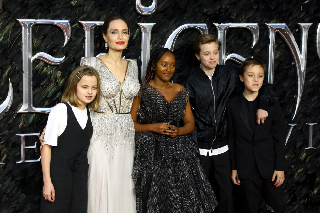 Vivienne Marcheline Jolie-Pitt, Angelina Jolie, Zahara Marley Jolie-Pitt, Shiloh Nouvel Jolie and Knox Jolie-Pitt attend the European premiere of "Maleficent: Mistress of Evil" at Odeon IMAX Waterloo on October 9, 2019 in London, England.