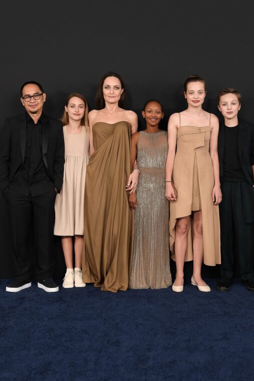 Maddox Jolie-Pitt, Vivienne Jolie-Pitt, Angelina Jolie, Knox Jolie-Pitt, Shiloh Jolie, and Zahara Jolie-Pitt attend the Los Angeles Premiere of Marvel Studios' "Eternals" on October 18, 2021 in California.