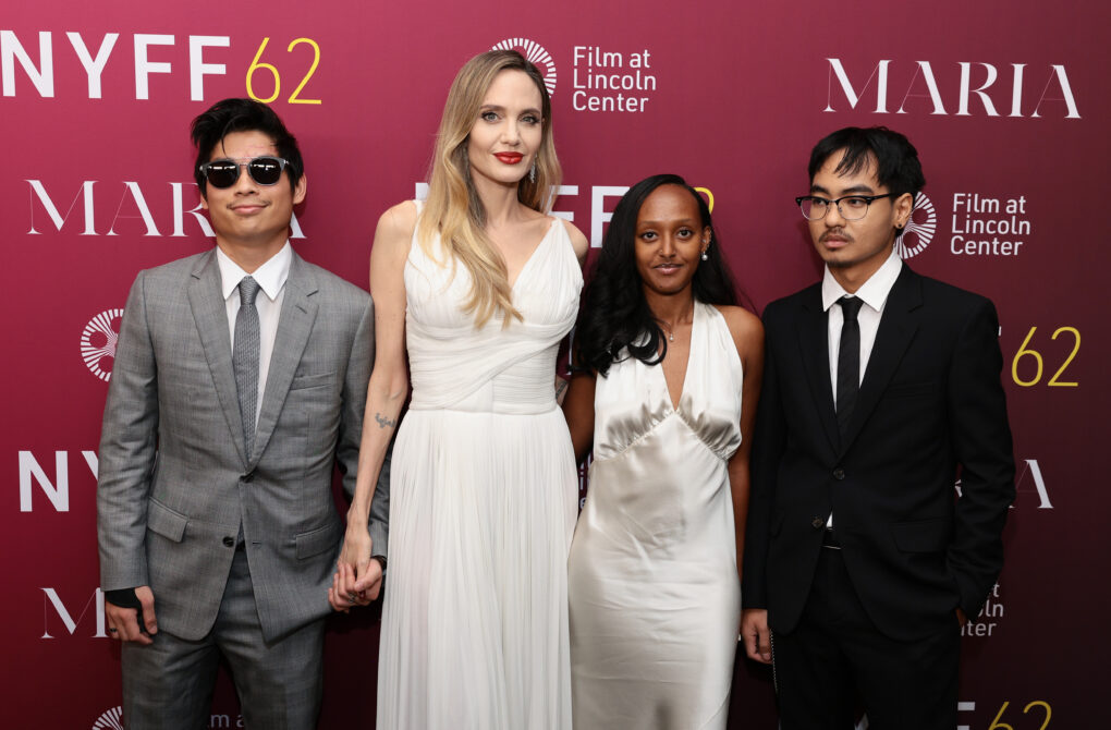 Pax Thien Jolie-Pitt, Angelina Jolie, Zahara Marley Jolie and Maddox Chivan Jolie-Pitt attend the "Maria" screening during the 62nd New York Film Festival at Alice Tully Hall, Lincoln Center on September 29, 2024 in New York City.