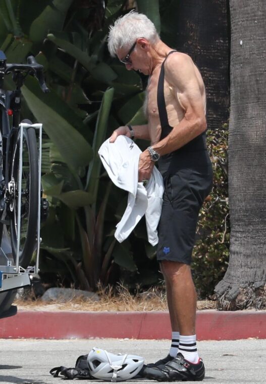Harrison Ford in cycling gear after a bike ride.